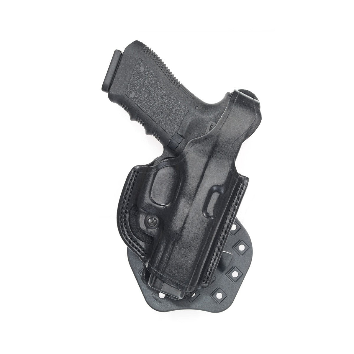 Aker Leather FlatSider XR17 Paddle Holster with pistol, showcasing its flat design for comfort and dual retention barbs for concealment.